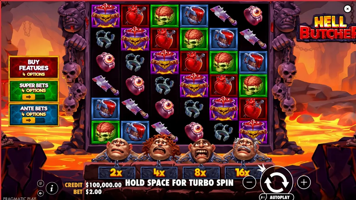 Tampilan visual slot Hell Butcher dengan tema horor butcher shop yang mencekam