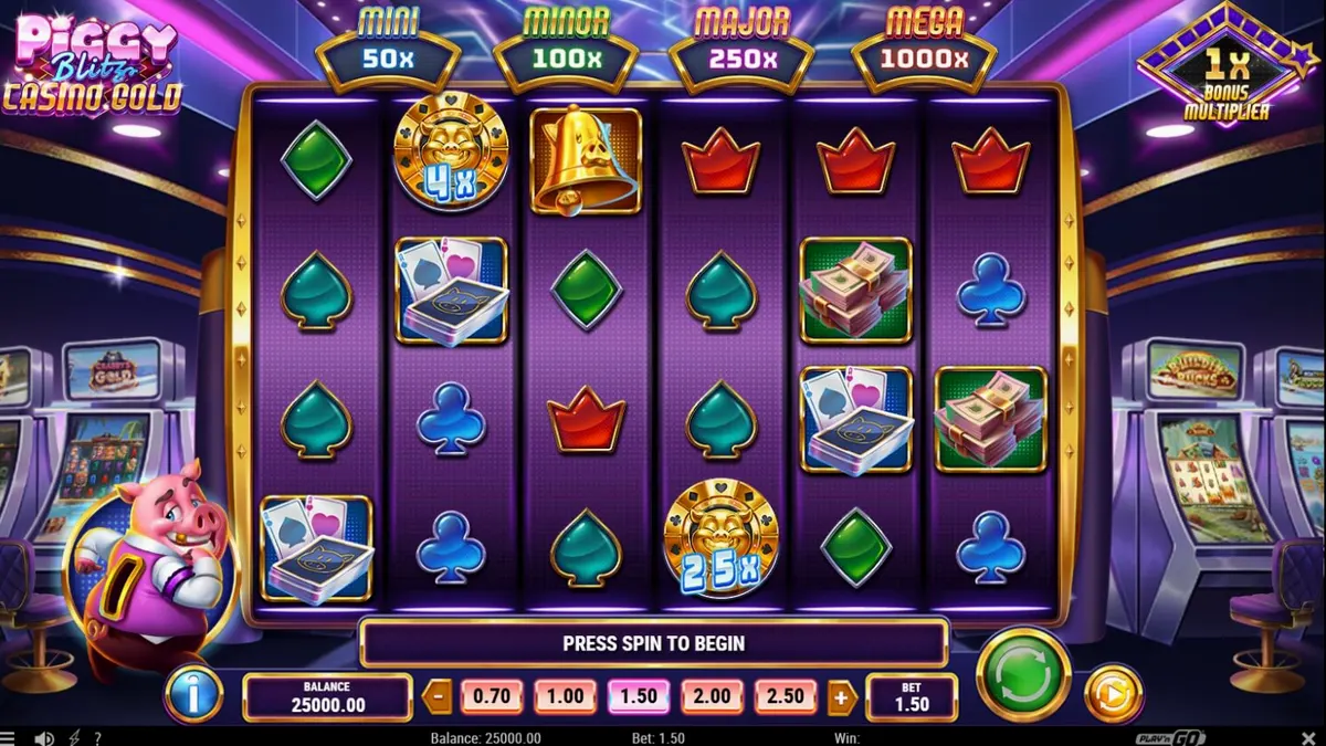 Tampilan visual mewah Piggy Blitz Casino Gold dengan nuansa neon dan karakter babi
