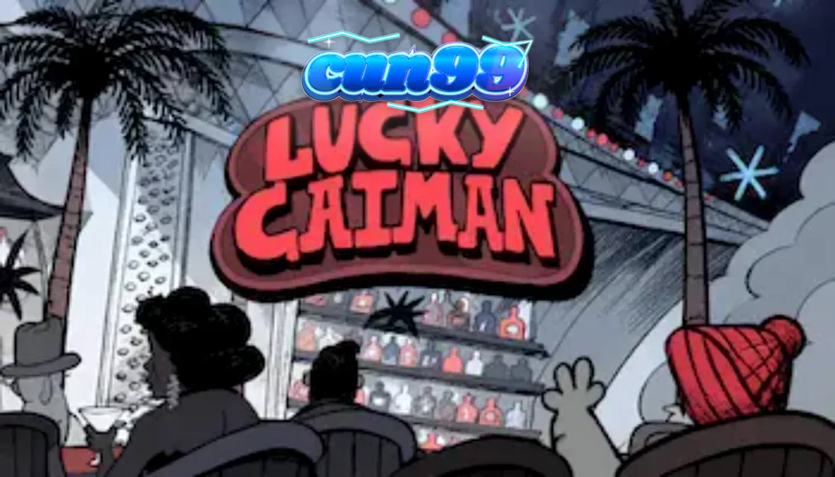 Tampilan visual slot Lucky Caiman dengan tema lounge retro dan karakter buaya.